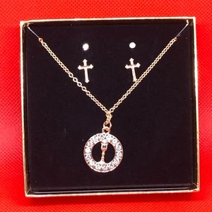 Religious Christian Catholic Necklace & Earrings Set Gold Tone  Cross & Chalice